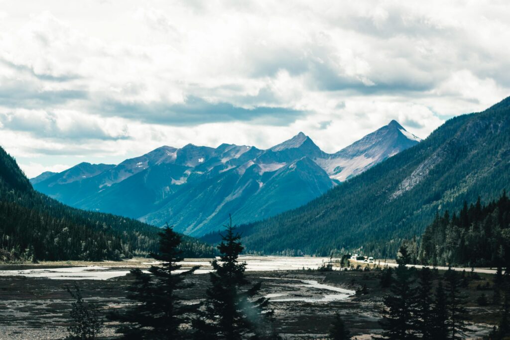 Beautiful view of mountains and forest in Jasper National Park, Alberta, Canada.