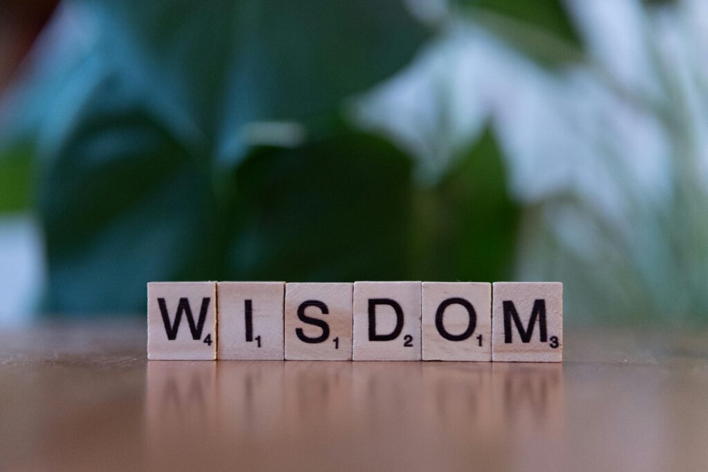 Wooden Scrabble tiles spelling wisdom, symbol of knowledge and insight.