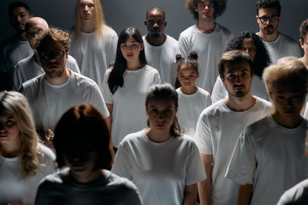 A diverse group of people standing together, emphasizing individuality and unity in a minimalist setting.