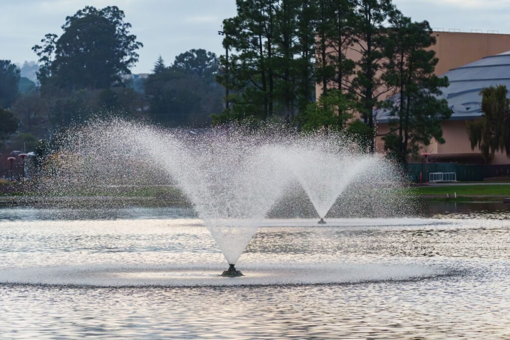 4 OCTOBER 2026, DAY 277 - THE FOUNTAIN Twin water fountains gracefully spray water in a serene park environment.