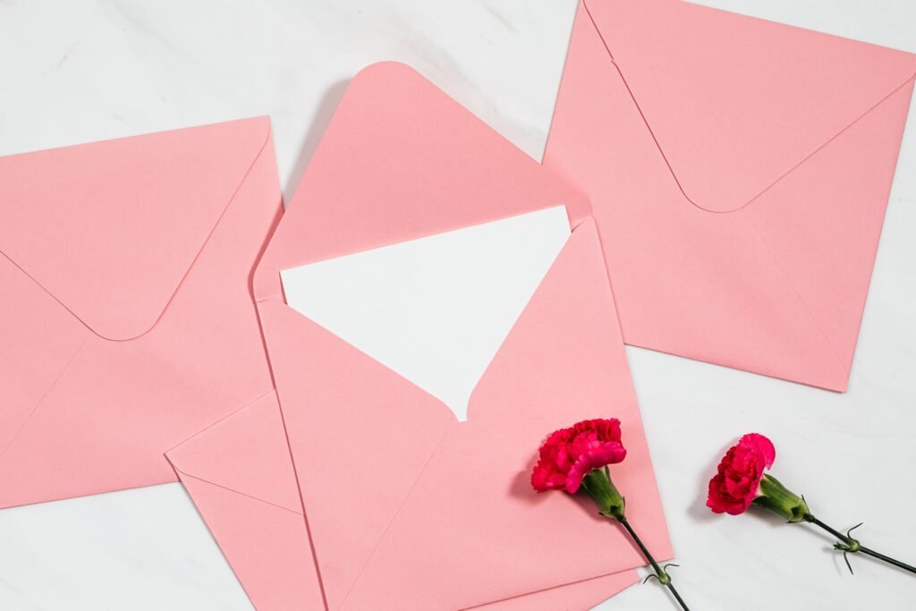 Flat lay of pink envelopes and red carnations on a white marble surface, ideal for invitations.